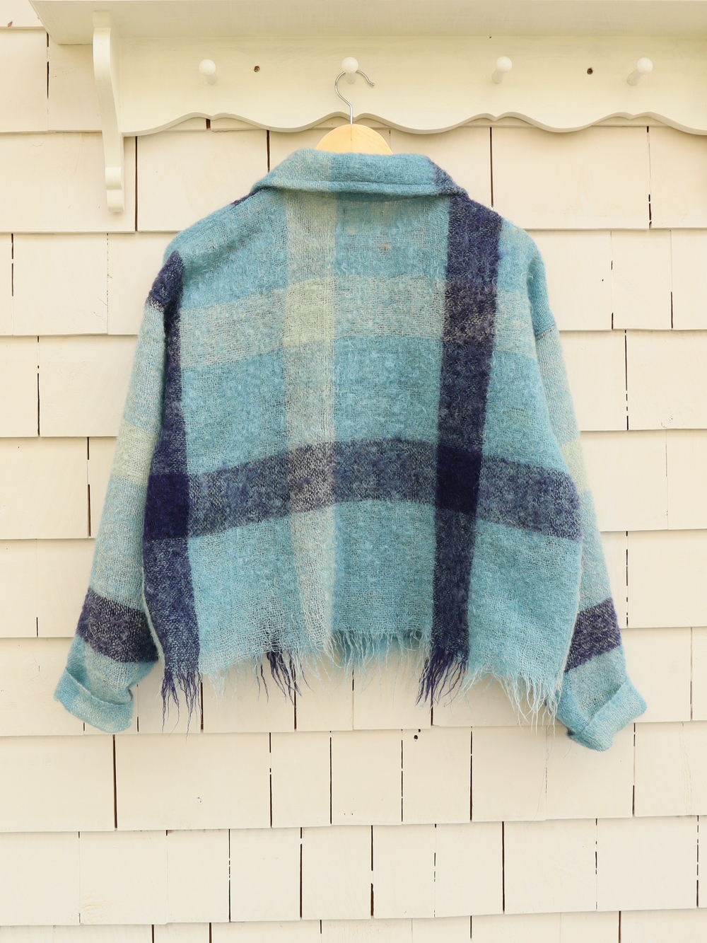 Upcycled Mohair Blanket Jacket Hudson's Bay Company Plaid Blue Wool M • L - Picture 4 of 8